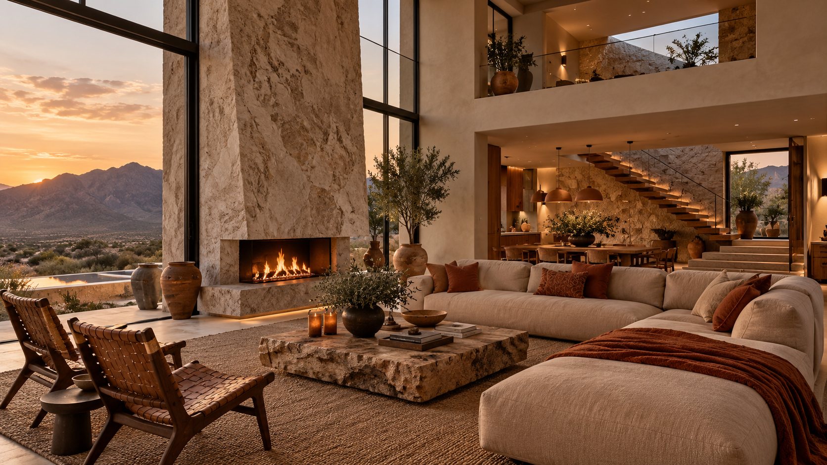 Sala de doble altura con chimenea y vista a la sierra