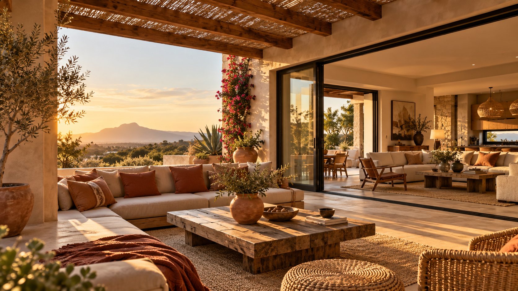 Terraza cubierta conectada a la sala al atardecer