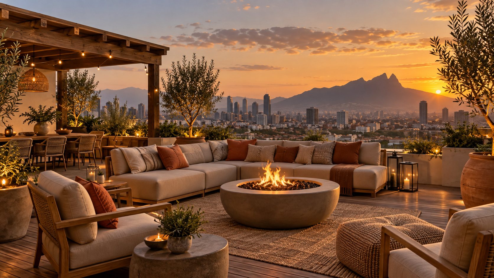 Terraza en azotea con fogata y vista al Cerro de la Silla