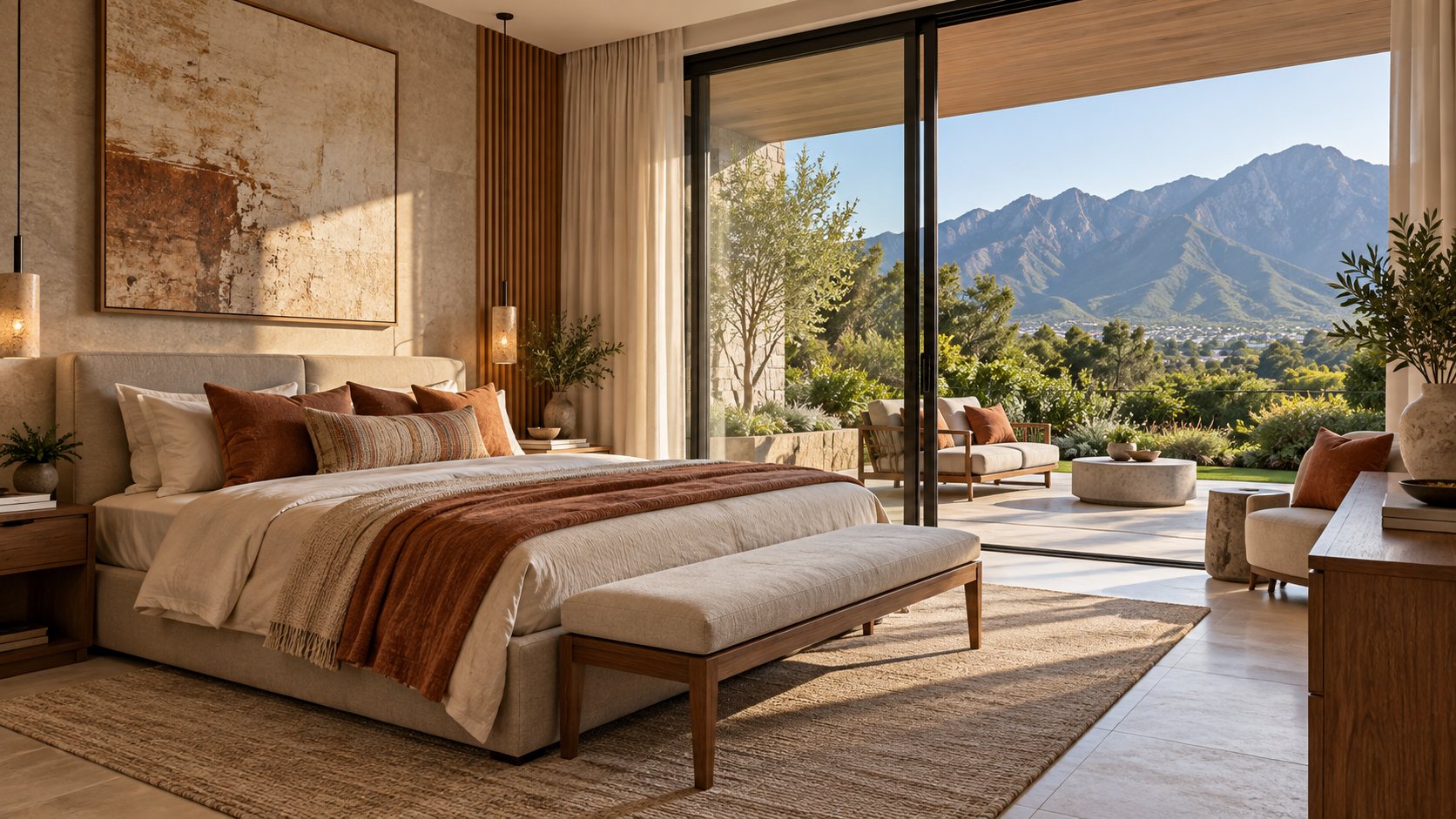 Recámara principal con terraza y vista a la sierra de Monterrey