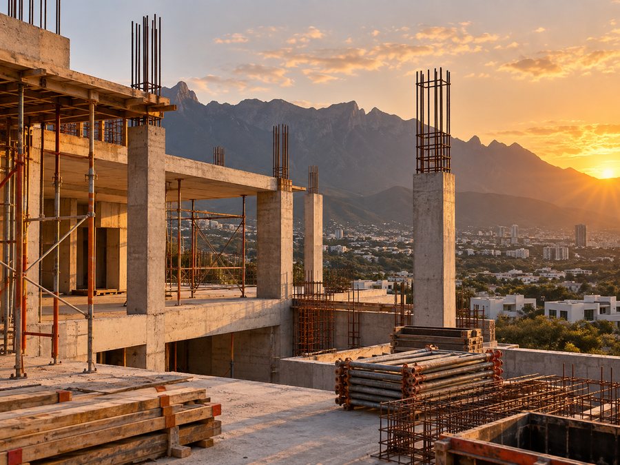 Obra en construcción al atardecer con vista al Cerro de la Silla